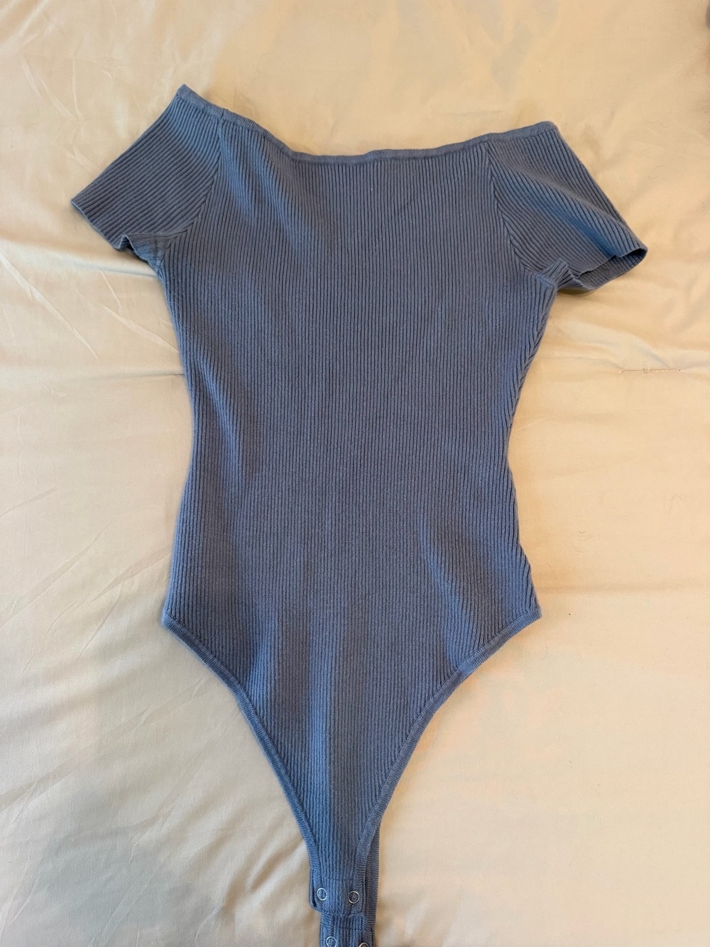 Ribbed Off-Shoulder One-Piece Bodysuit in Dusty Blue